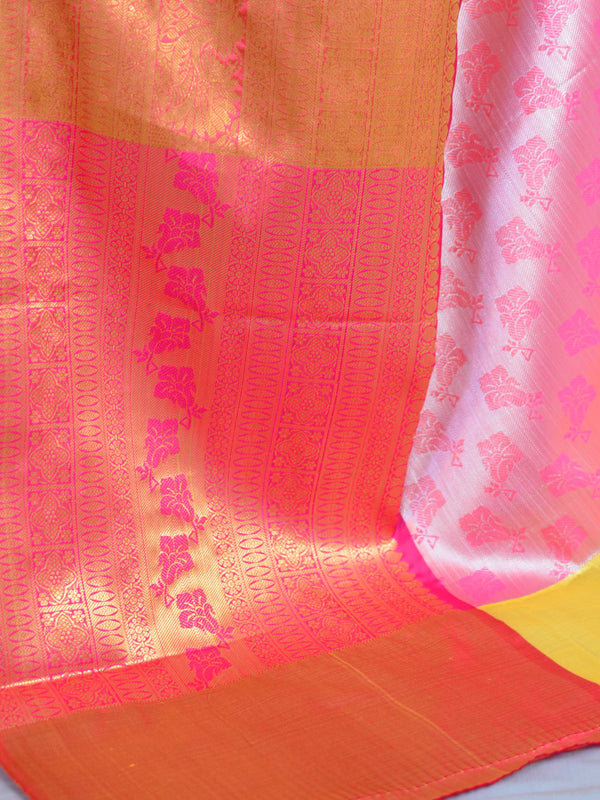 Banarasee Handwoven Broad Border Tissue Saree With Jaal Design-Yellow & Pink