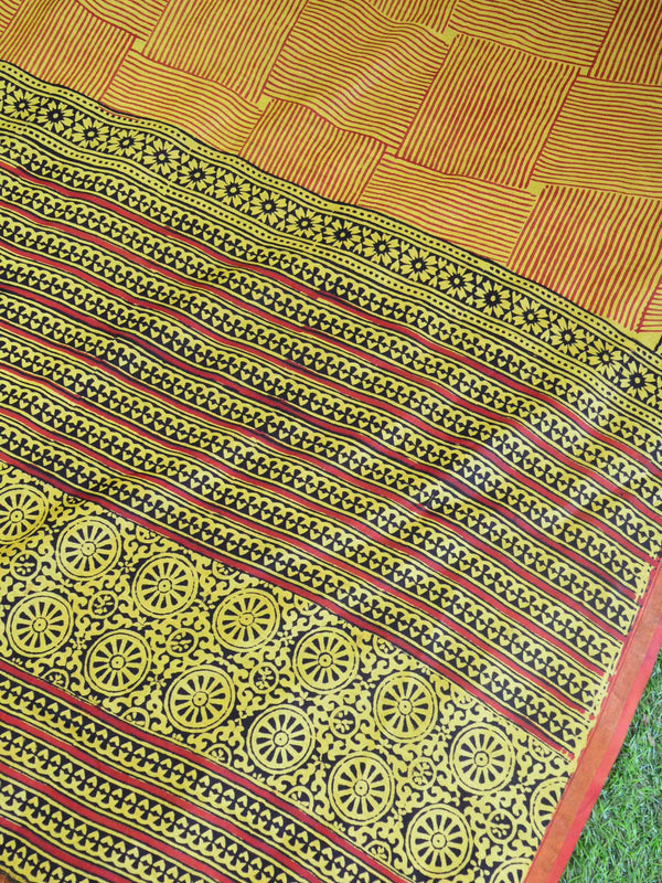 Banarasee Handloom Chanderi Bagru Block Printed Saree-Turmeric Yellow