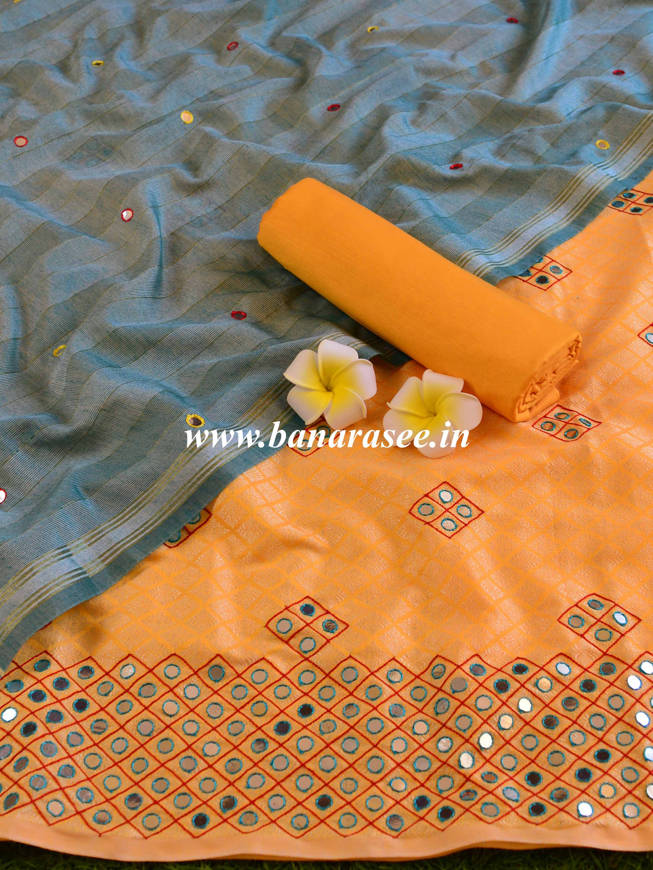 Banarasee Brocade Salwar Kameez Fabric With Mirror Work-Yellow & Grey