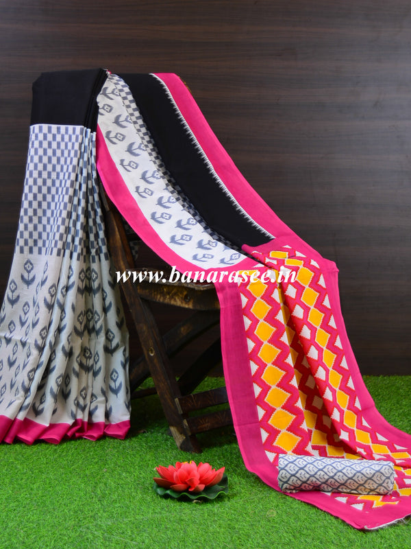 Handloom Mul Cotton Hand Print Saree-White