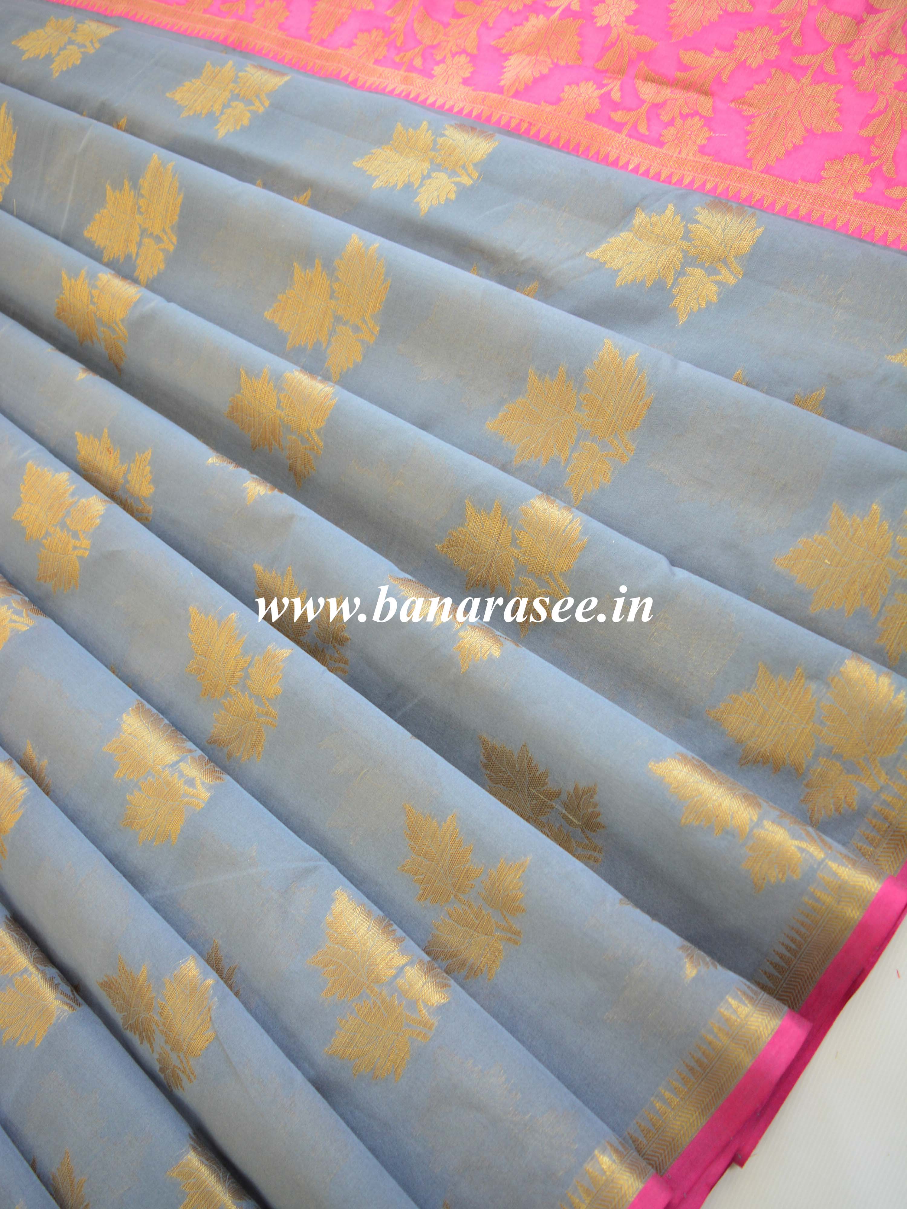 Banarasee Cotton Silk Mix Saree With Zari Leaf Buta-Grey