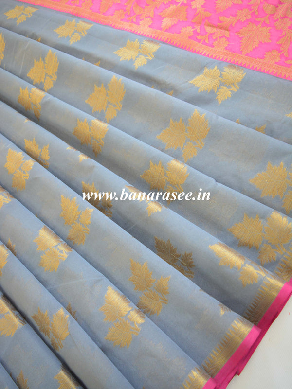 Banarasee Cotton Silk Mix Saree With Zari Leaf Buta-Grey