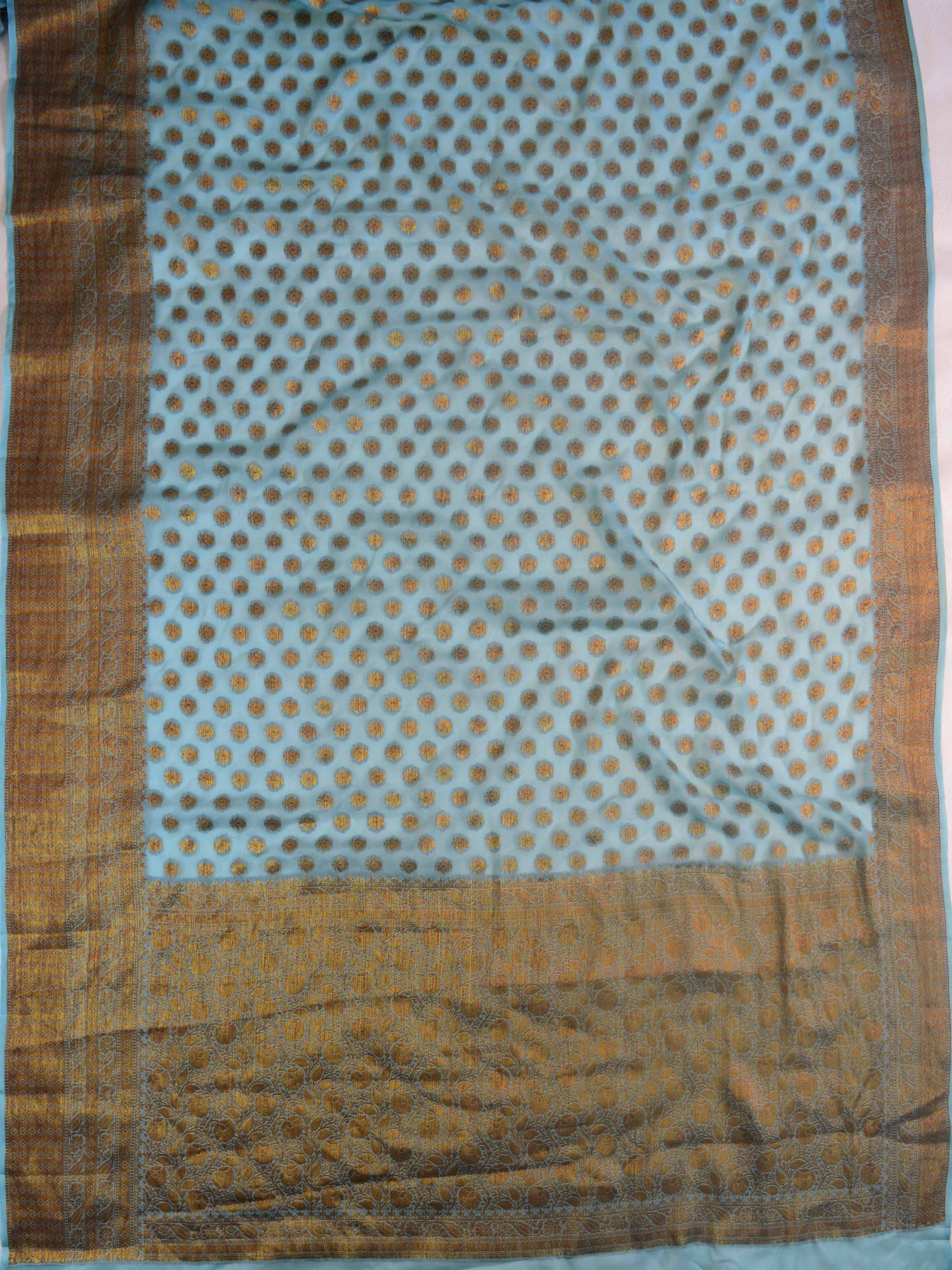 Banarasee Pure Chiffon Saree With Antique Zari Asharfi & Border-Blue