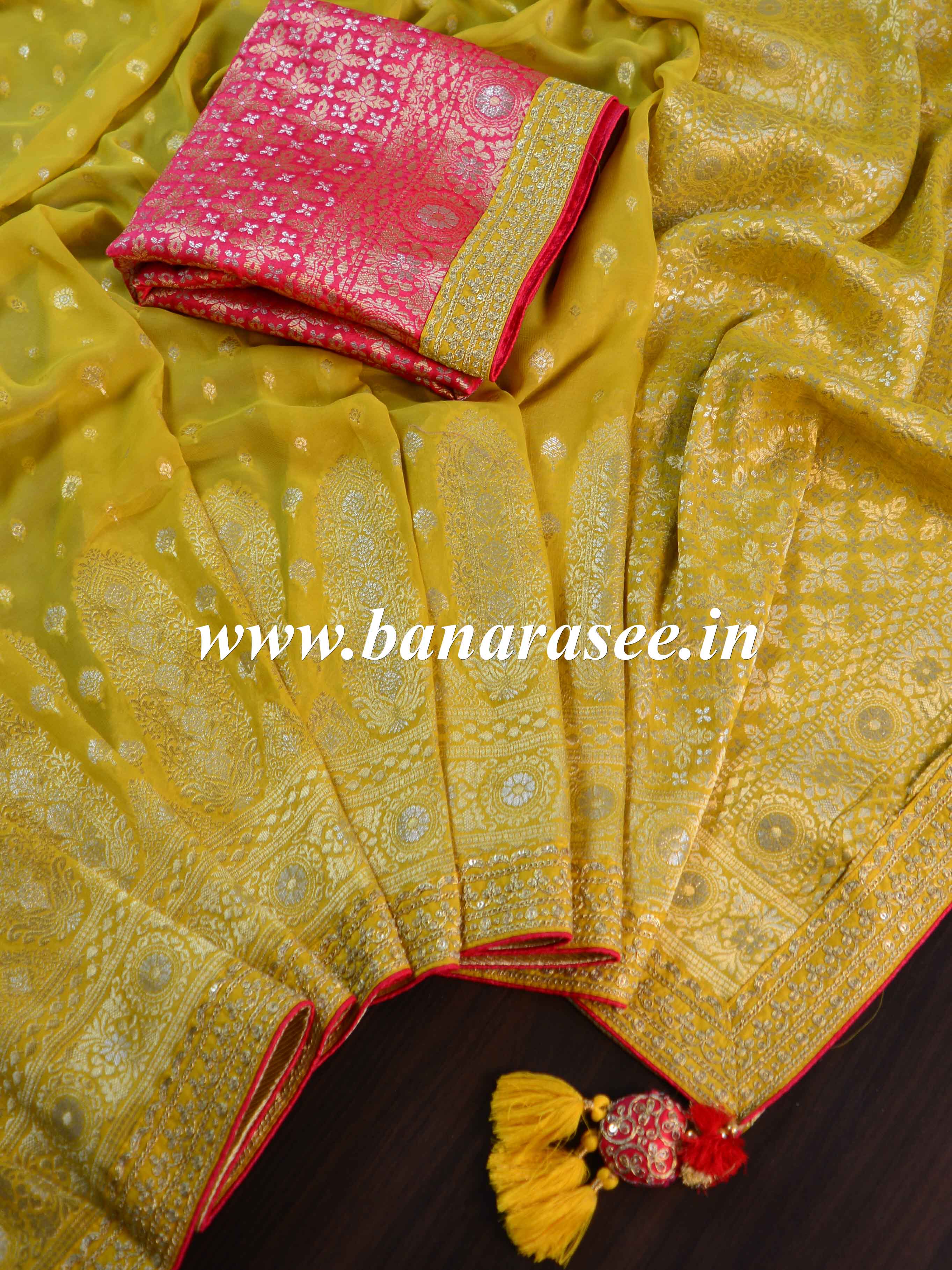 Banarasee Handwoven Semi-Katan Zari Work Saree With Pink Embroidered Blouse-Yellow