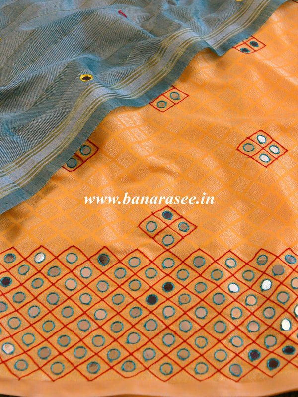 Banarasee Brocade Salwar Kameez Fabric With Mirror Work-Yellow & Grey
