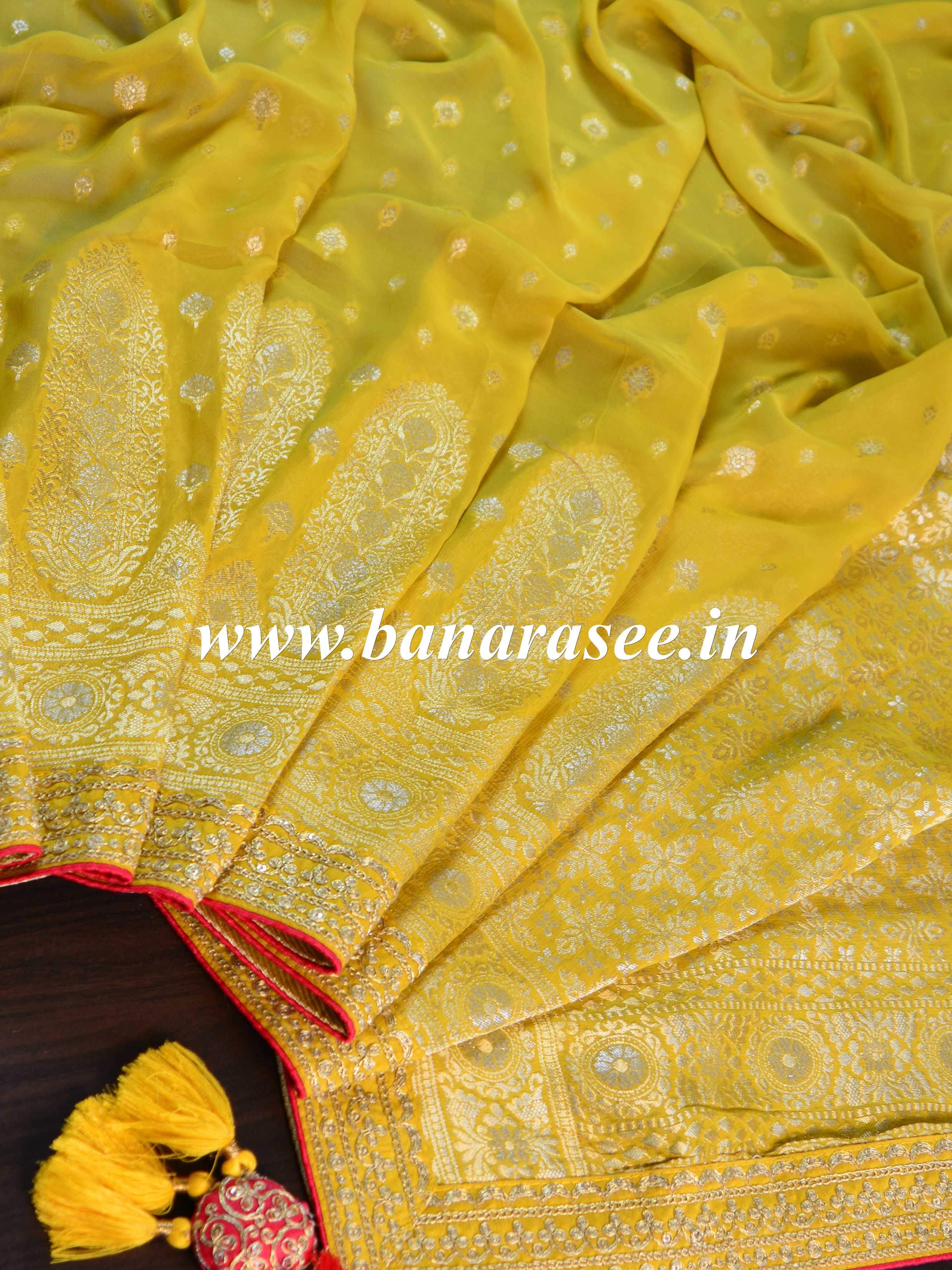 Banarasee Handwoven Semi-Katan Zari Work Saree With Pink Embroidered Blouse-Yellow