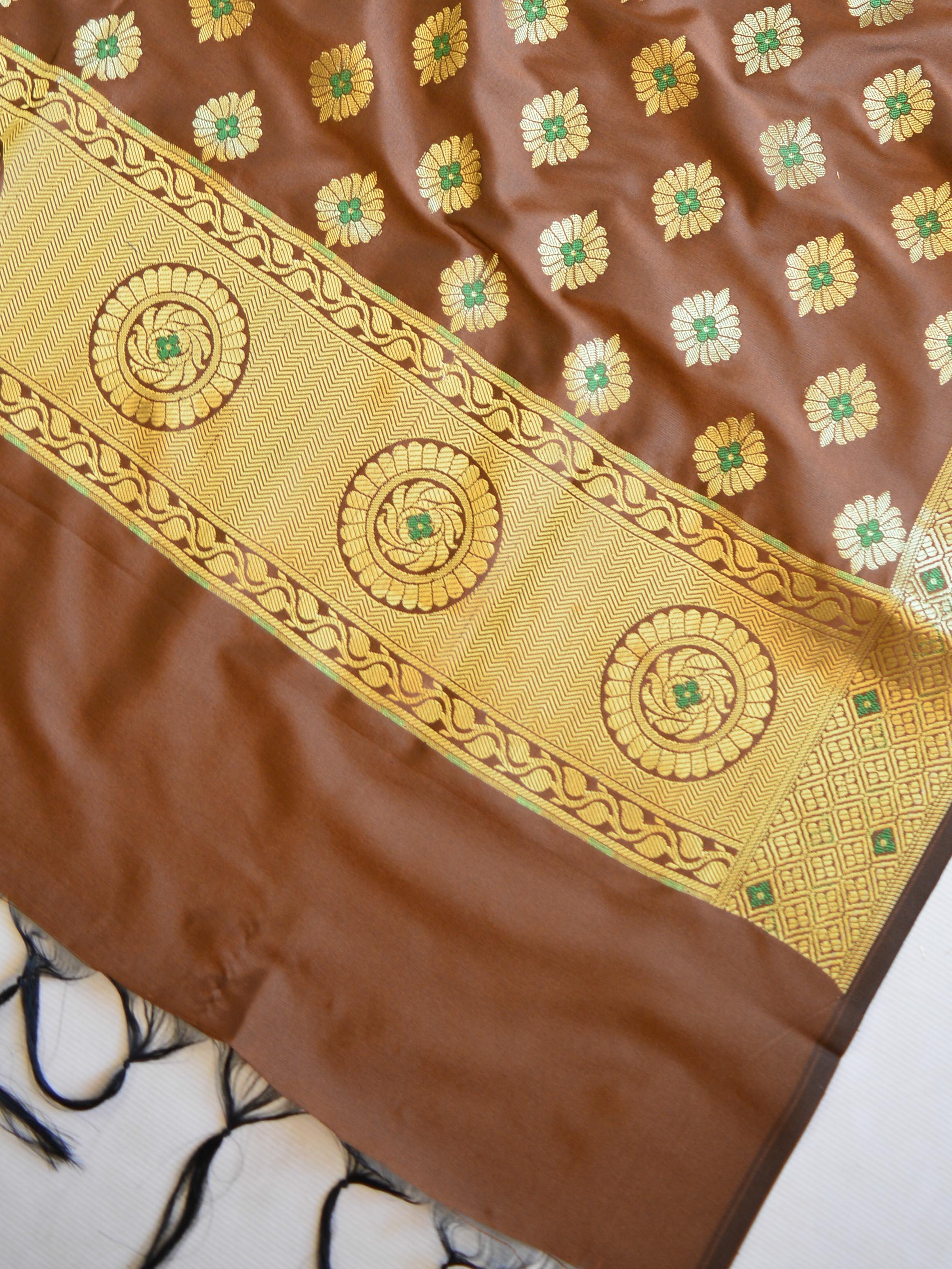 Banarasee Salwar Kameez Glossy Semi Silk Zari Jaal Work Fabric-Brown