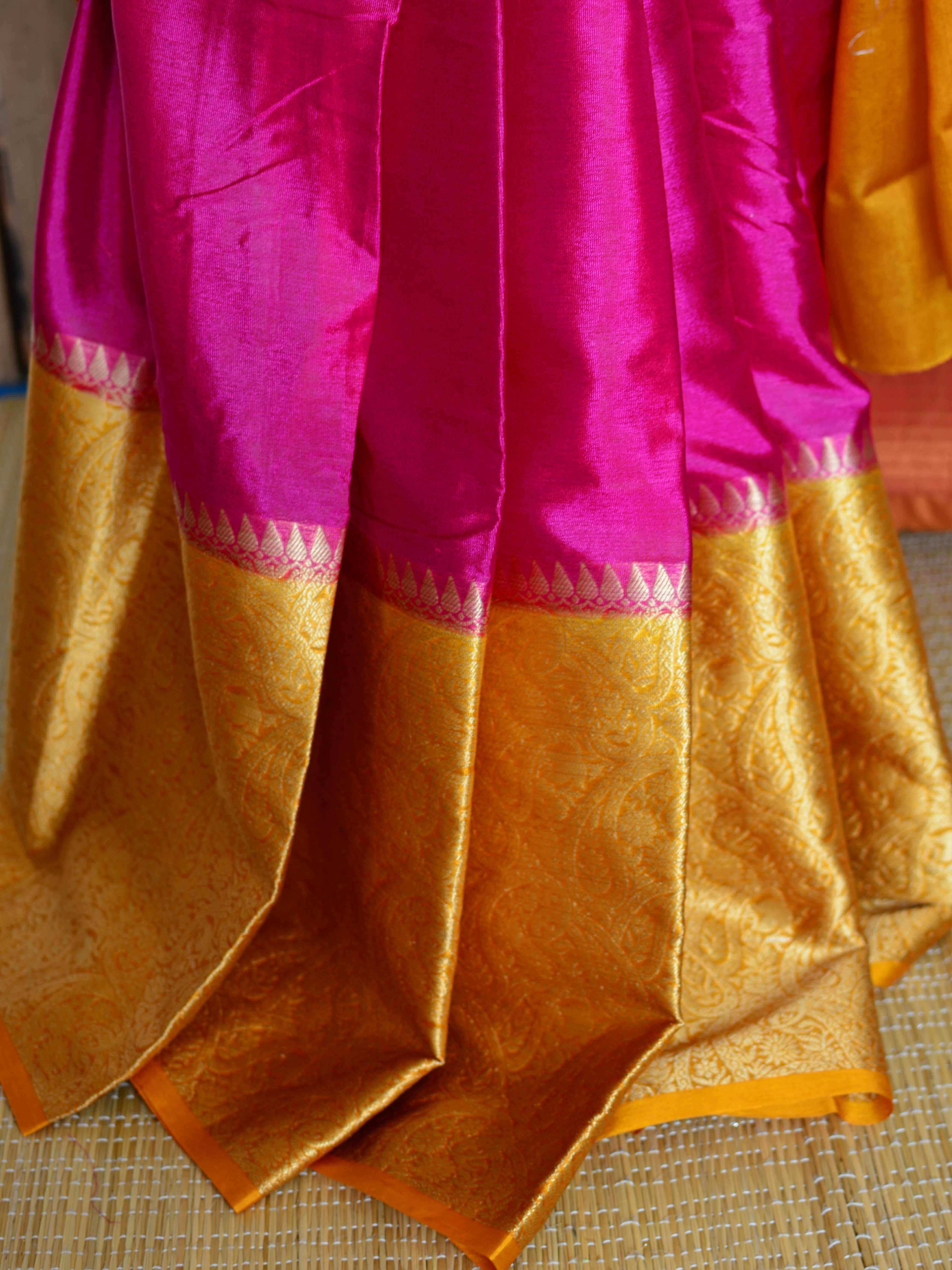Banarasee Handwoven Semi Silk Saree Broad Zari Border-Pink & Yellow