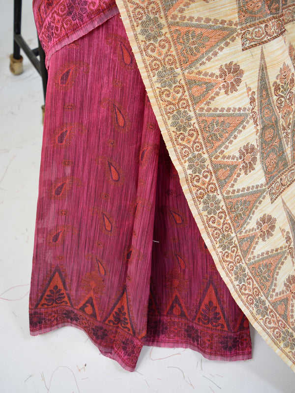 Banarasee Art Silk Saree With Floral Woven Design Contrast Beige Pallu-Pink