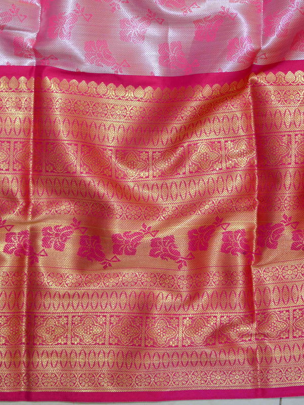 Banarasee Handwoven Broad Border Tissue Saree With Jaal Design-Yellow & Pink