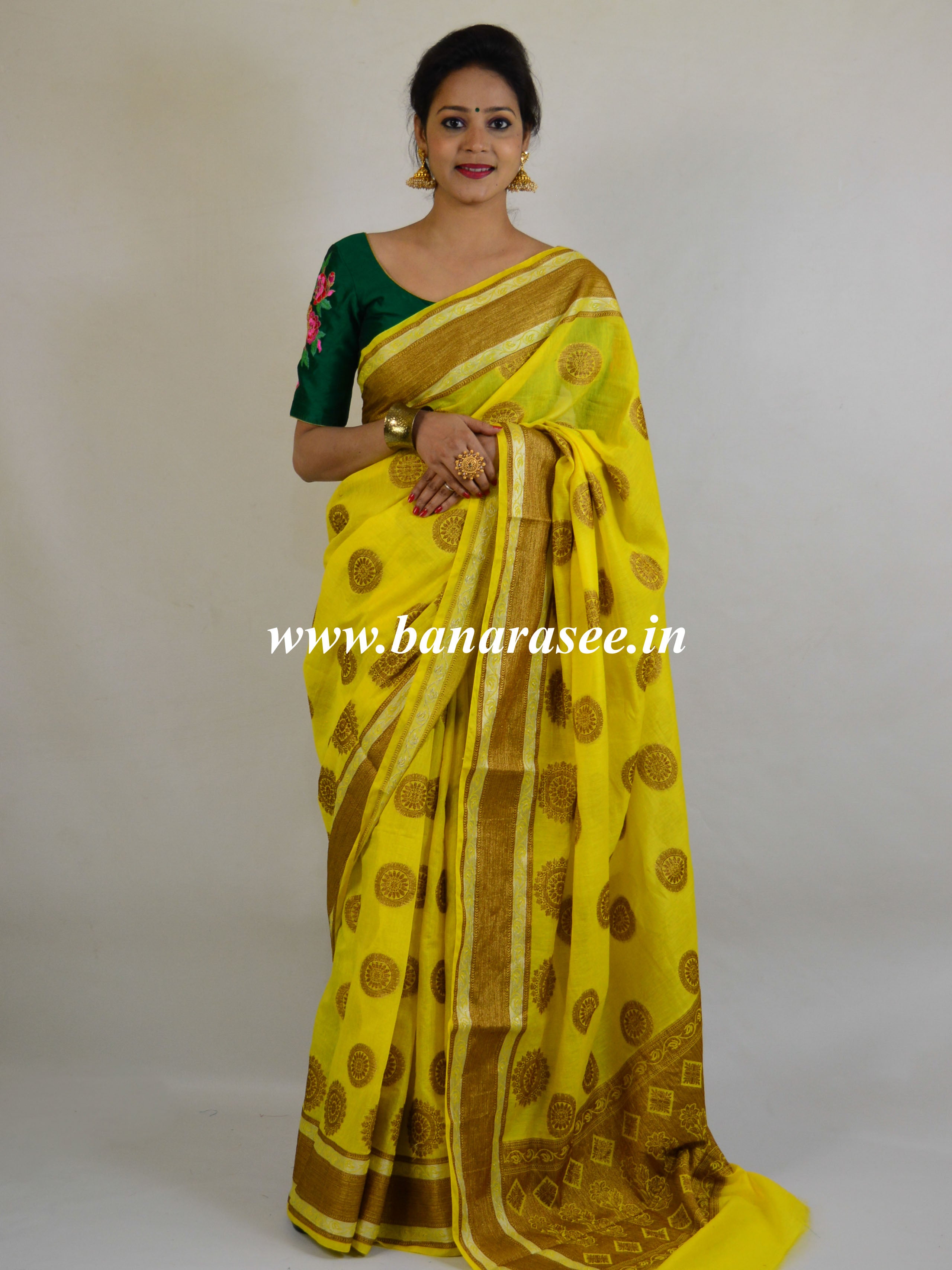 Banarasee Handloom Pure Linen Cotton Antique Buta Saree With Violet Blouse-Bright Yellow