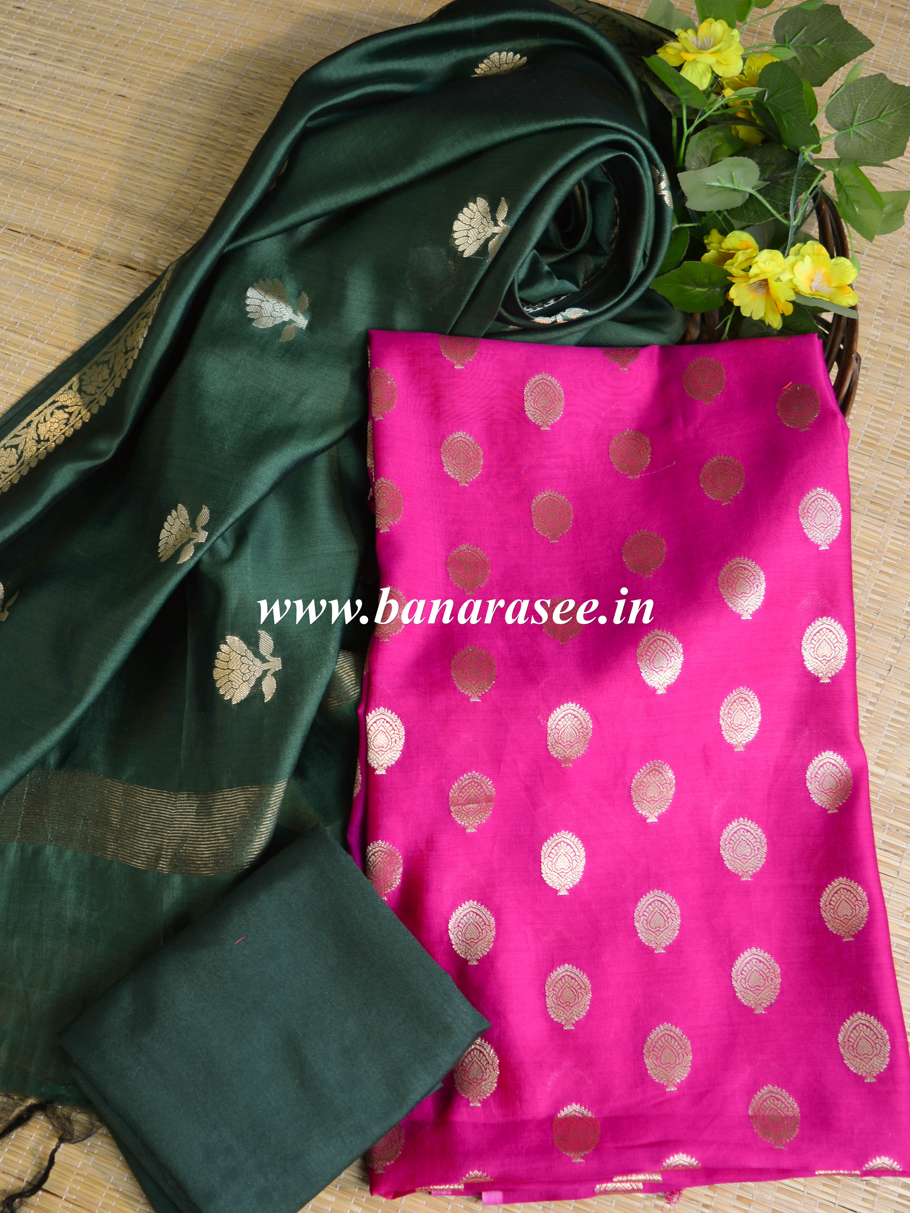 Banarasee Handloom Pure Silk Zari Buti Salwar Kameez Fabric With Dupatta-Green & Pink