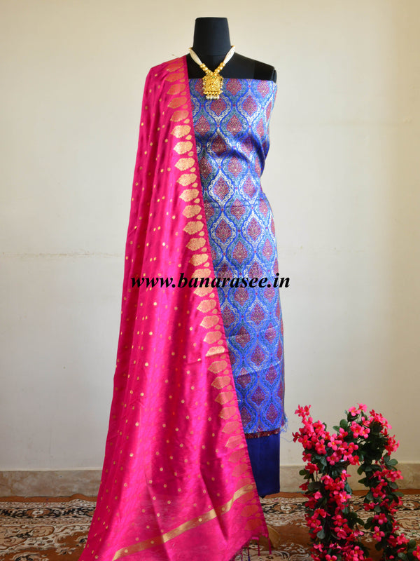 Banarasee Art Silk  Salwar Kameez Fabric With Contrast Dupatta-Royal Blue