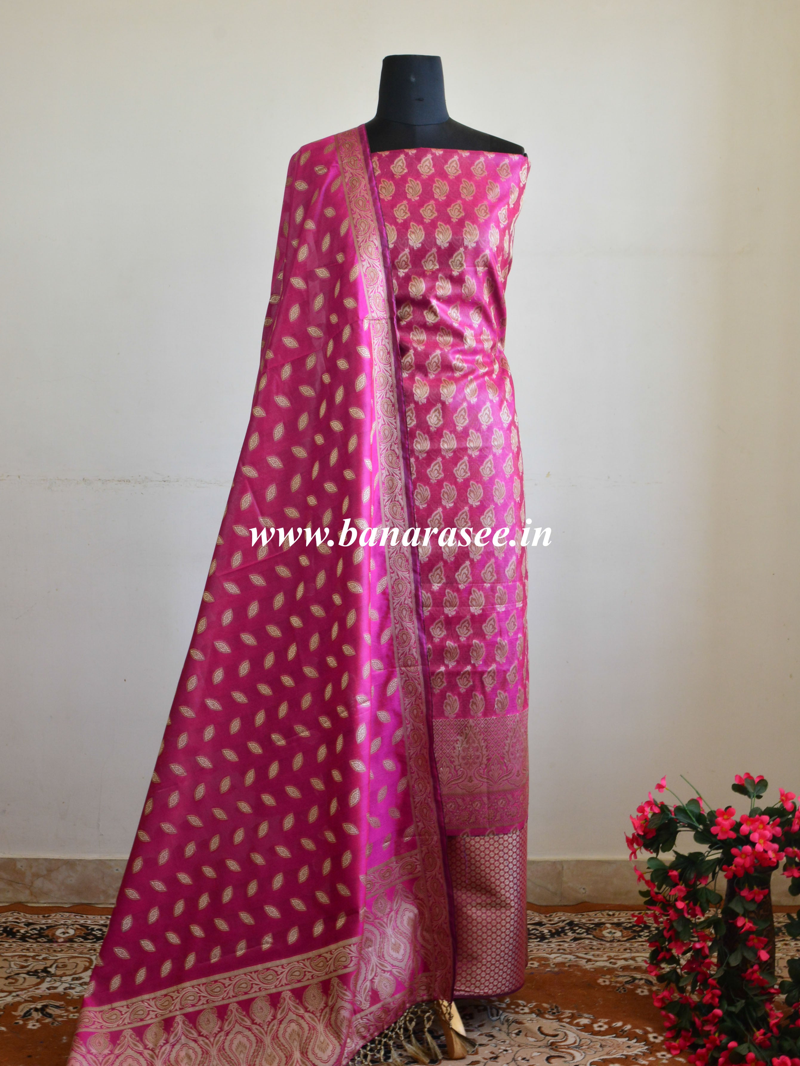 Banarasee Salwar Kameez Cotton Silk Resham Buti Woven Fabric-Magenta
