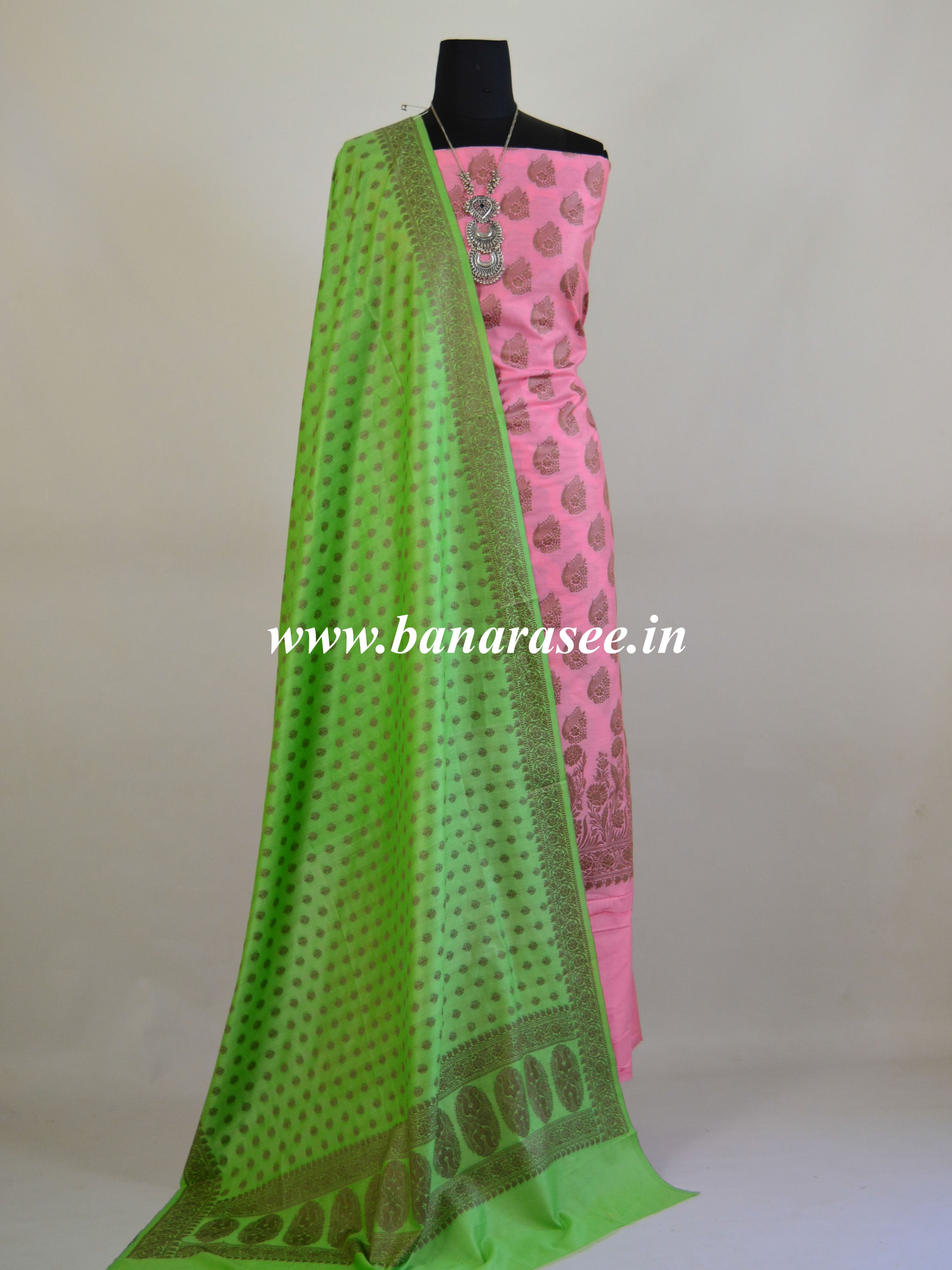 Banarasee Cotton Mix Ghichha Work Salwar Kameez Fabric With Green Dupatta-Pink