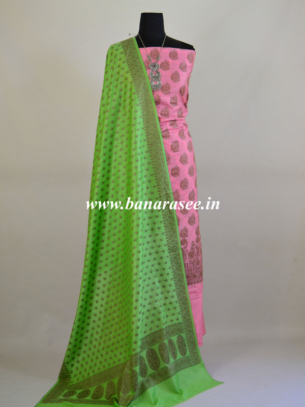 Banarasee Cotton Mix Ghichha Work Salwar Kameez Fabric With Green Dupatta-Pink