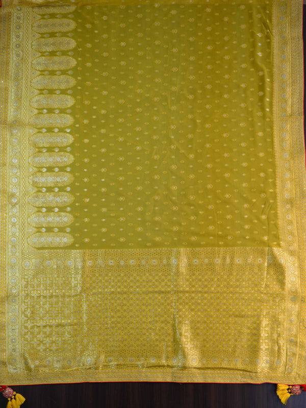 Banarasee Handwoven Semi-Katan Zari Work Saree With Pink Embroidered Blouse-Yellow
