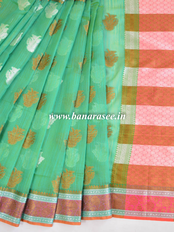 Banarasee Cotton Mix Saree With Zari & Resham Design-Green
