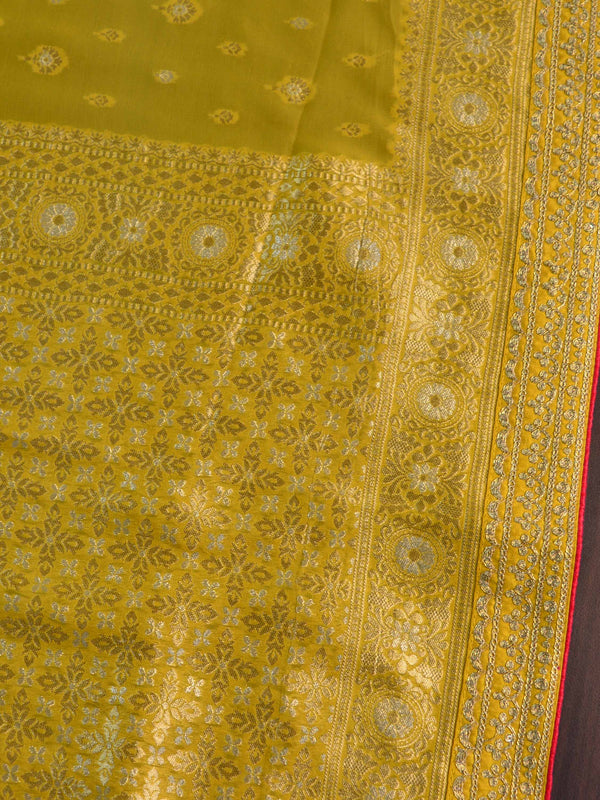 Banarasee Handwoven Semi-Katan Zari Work Saree With Pink Embroidered Blouse-Yellow