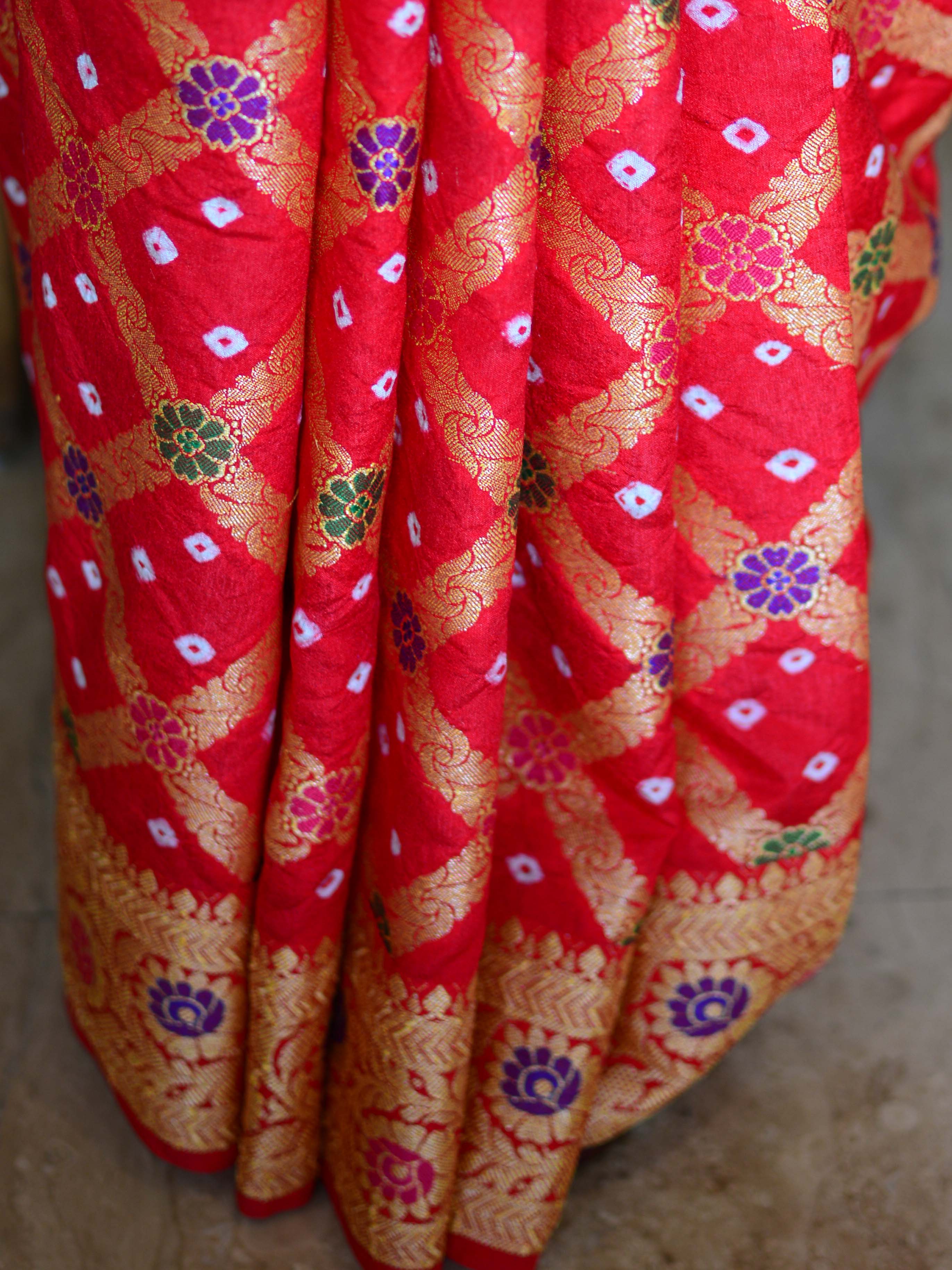Banarasee Handwoven Semi-Chiffon Saree With Bandhej & Floral Border-Red