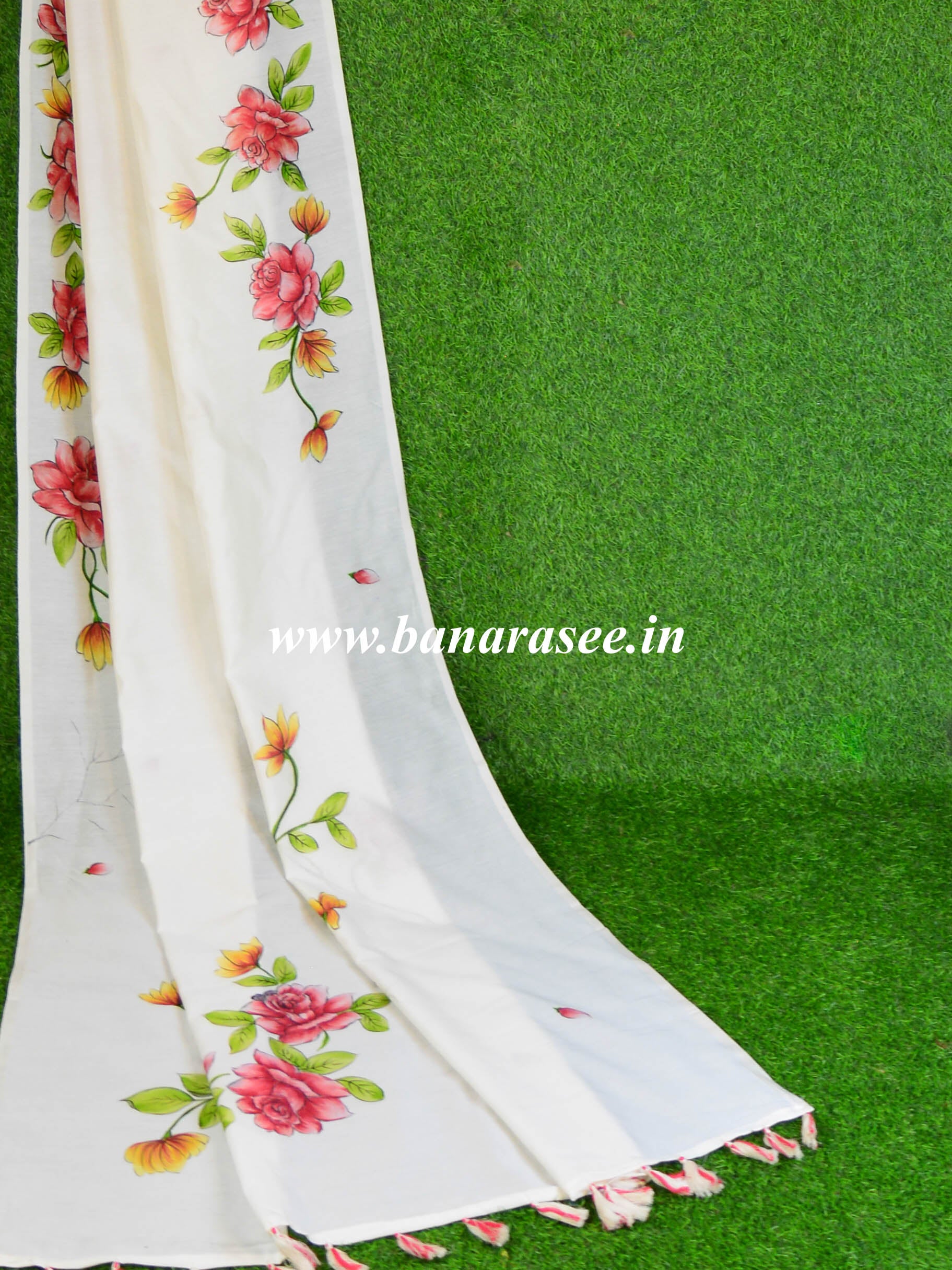 Banarasee Chanderi Handpainted Saree-White