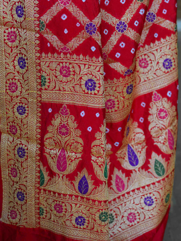 Banarasee Handwoven Semi-Chiffon Saree With Bandhej & Floral Border-Red