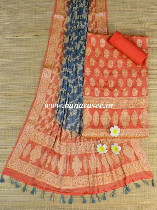 Banarasee Handloom Pure Chiffon Silk Salwar Kameez Set-Coral & Grey
