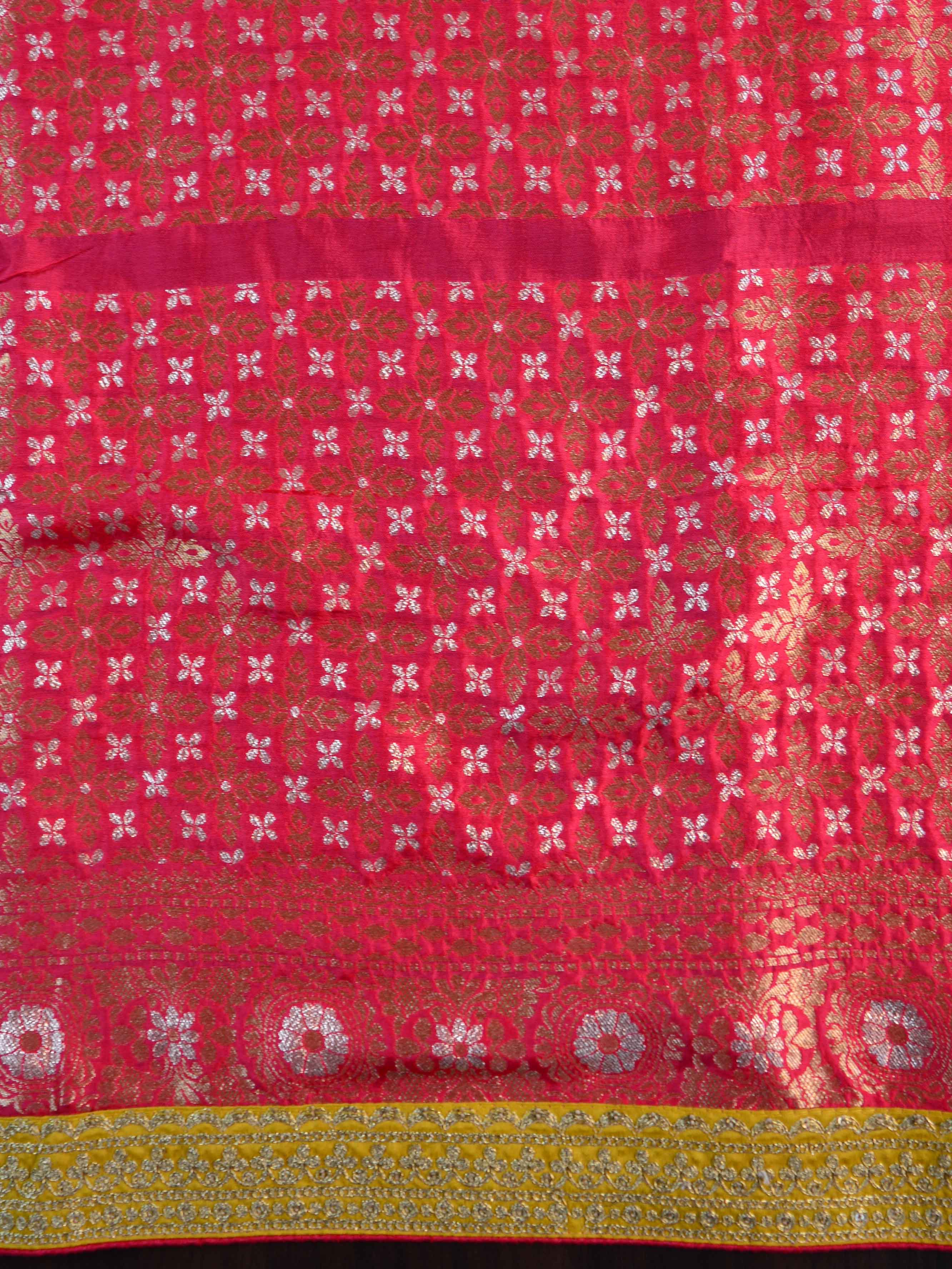 Banarasee Handwoven Semi-Katan Zari Work Saree With Pink Embroidered Blouse-Yellow