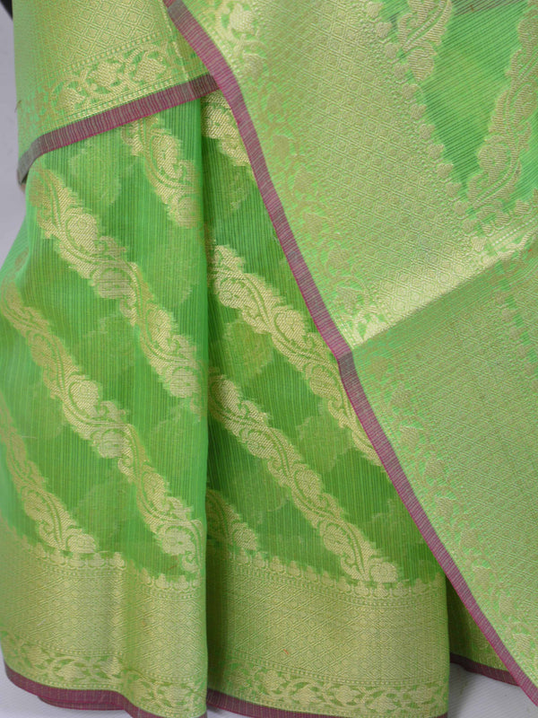 Banarasee Handloom Cotton Silk Mix Stripes Design Sari-Green(Dual Tone)