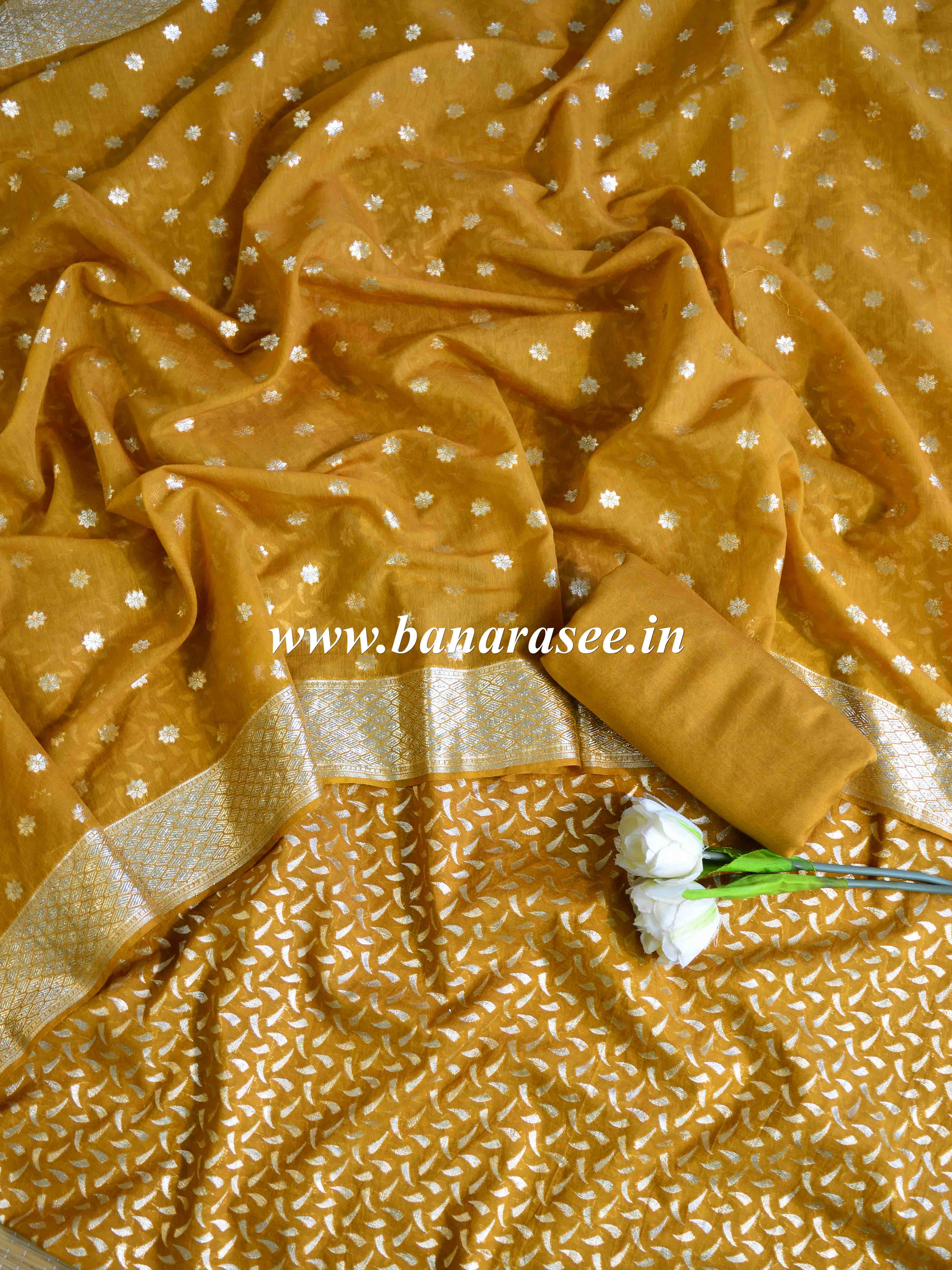 Banarasee Handloom Chanderi Cotton Zari Work Salwar Kameez Dupatta Set-Mustard Yellow