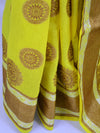 Banarasee Handloom Pure Linen Cotton Antique Buta Saree With Violet Blouse-Bright Yellow