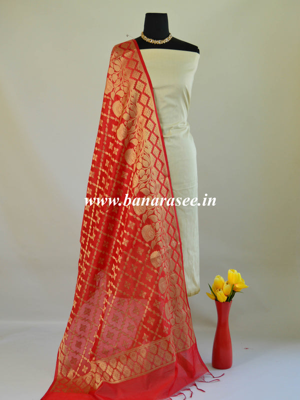 Banarasee Chanderi Cotton Dupatta With Floral Border Design-Red