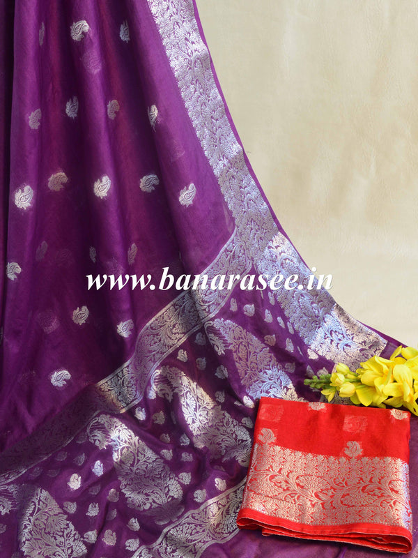 Banarasee Handwoven Semi-Chiffon Saree With Silver Zari & Contrast Blouse-Violet