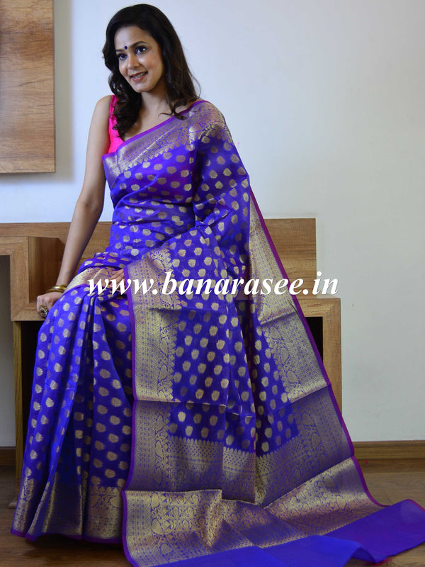 Banarasee Cotton Silk Saree With Zari Buti & Border-Purple