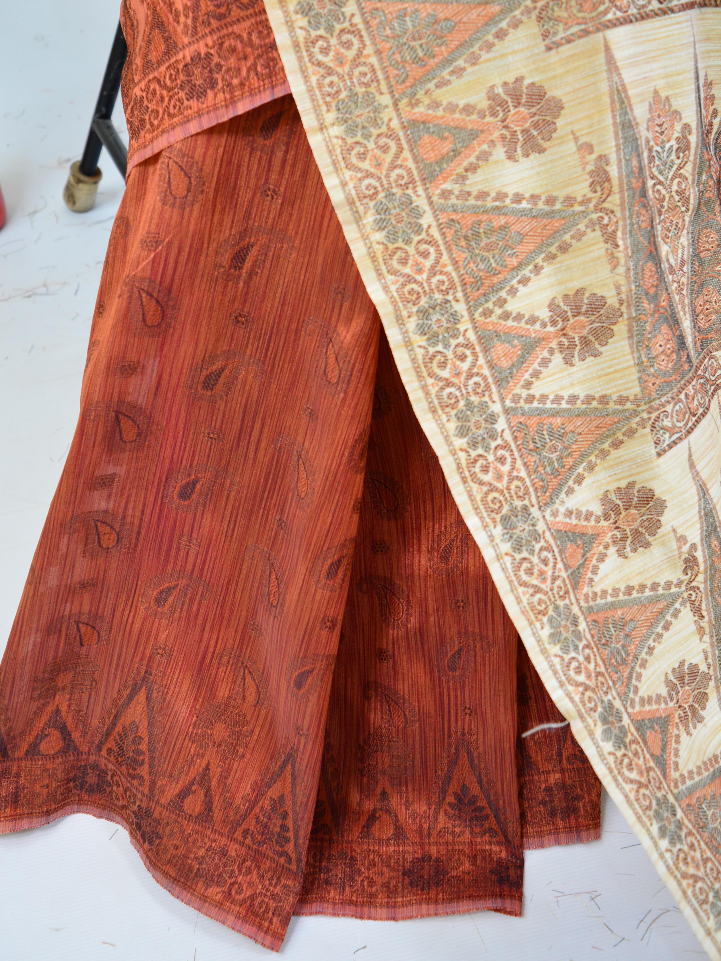 Banarasee Art Silk Saree With Floral Woven Design Contrast Beige Pallu-Rust