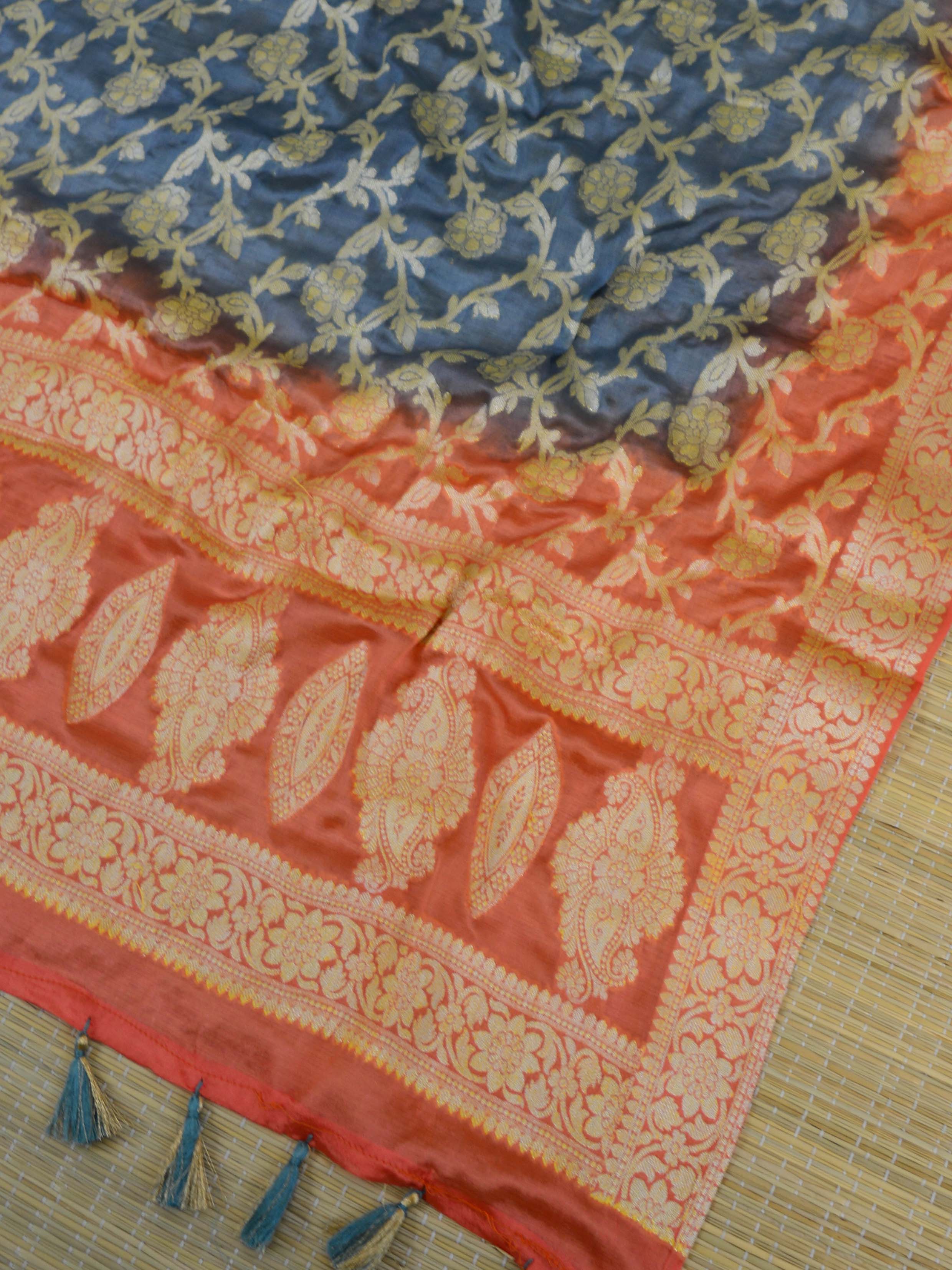 Banarasee Handloom Pure Chiffon Silk Salwar Kameez Set-Coral & Grey