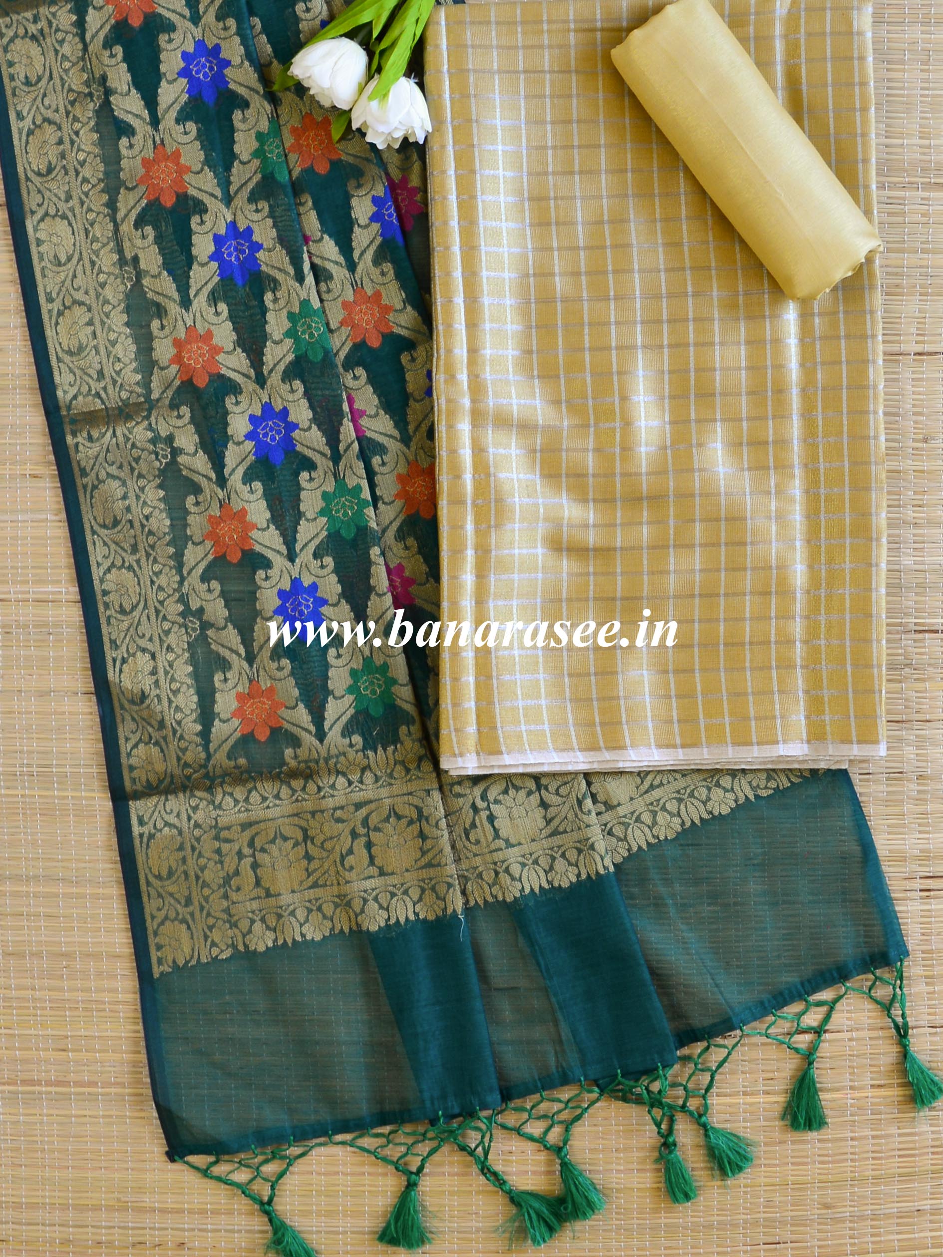Banarasee Tissue Salwar Kameez Fabric With Contrast Silk Dupatta-Gold & Green
