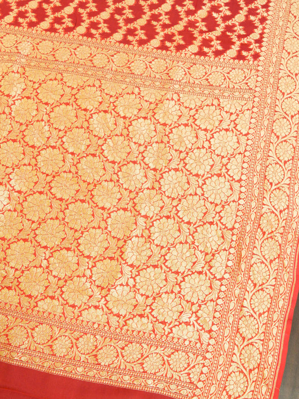 Banarasee Pure Khaddi Chiffon Silk Sari With Jaal Design & Contrast Border-Vermillion Red
