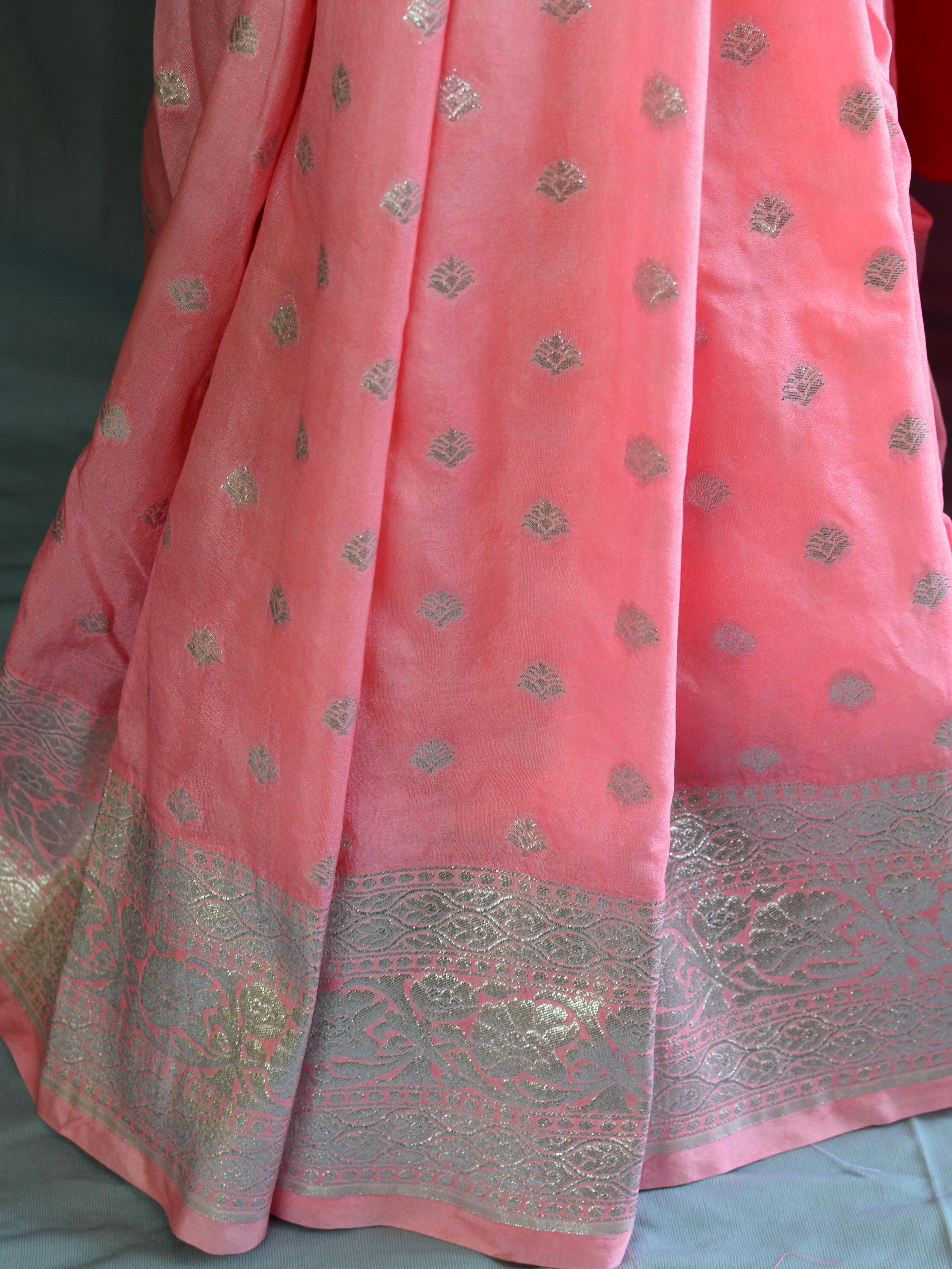 Banarasee Handwoven Faux Georgette Saree With Silver Zari Buta & Dual Color Design-Peach