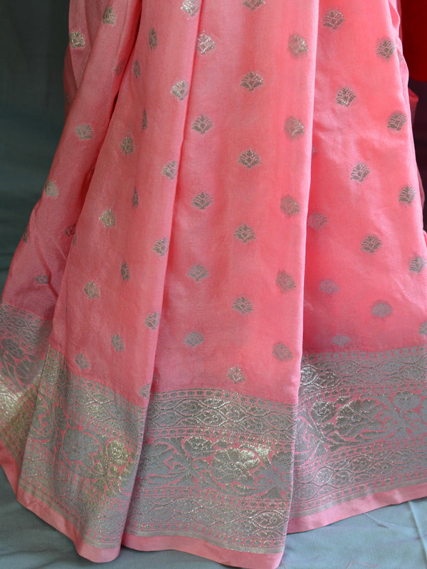 Banarasee Handwoven Faux Georgette Saree With Silver Zari Buta & Dual Color Design-Peach