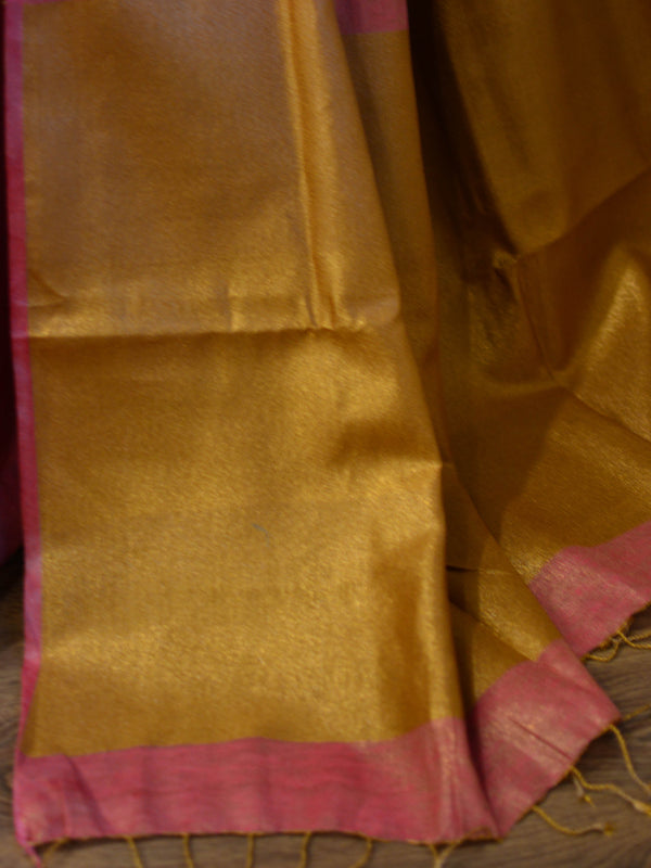 Banarasee Handloom Pure Linen By Tissue Metallic Shine Saree-Pink