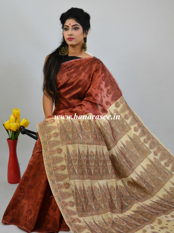 Banarasee Art Silk Saree With Floral Woven Design Contrast Beige Pallu-Rust