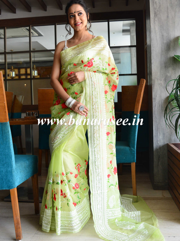 Banarasee Handwoven Organza Silk Multicolour Resham Floral Embroidery Saree-Light Green