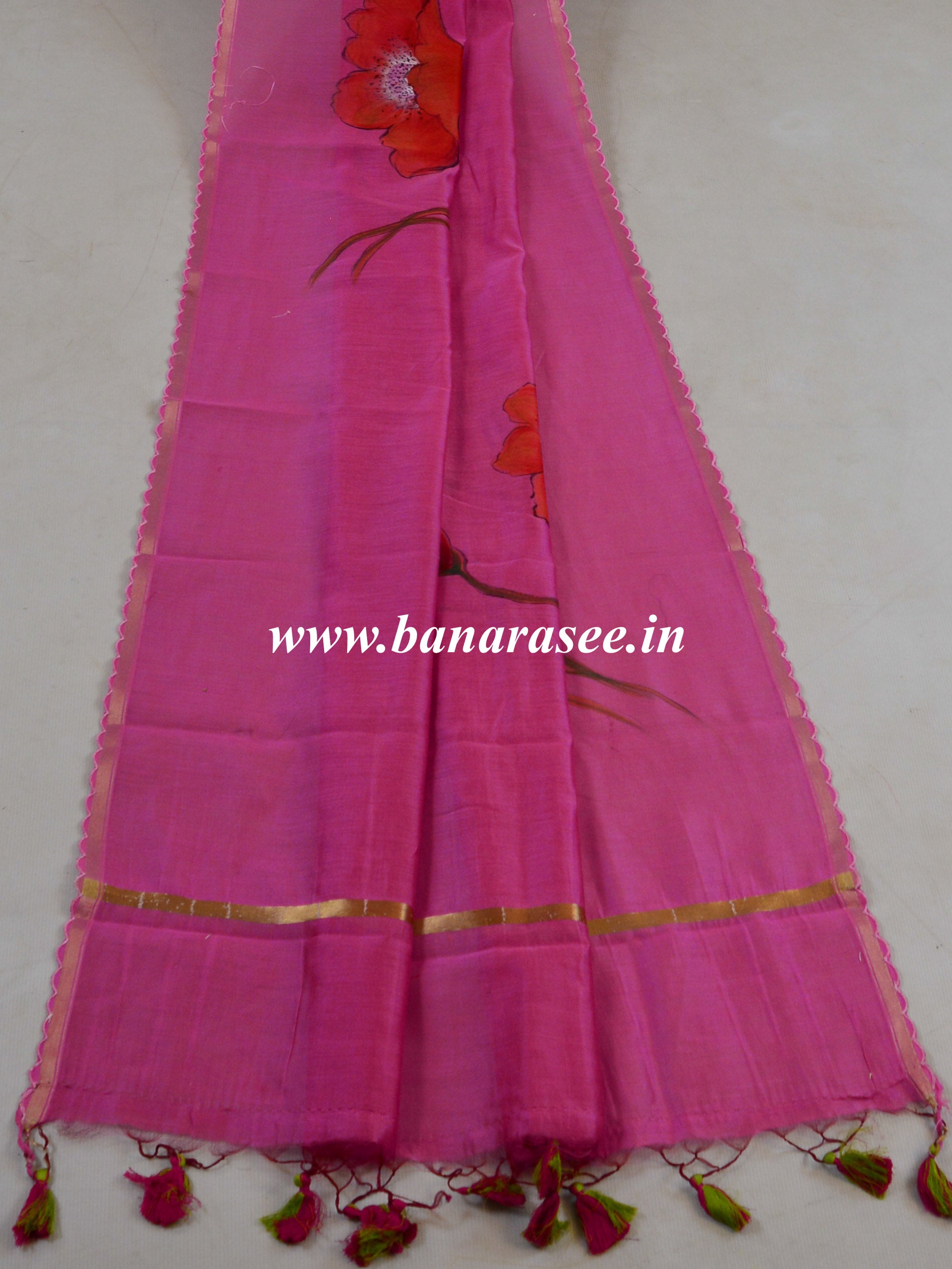 Banarasee Pure Handloom Chanderi Hand Painted Dupatta-Pink