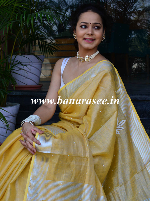 Banarasee Handloom Pure Linen By Tissue Saree With Pearl Embroidery-Yellow