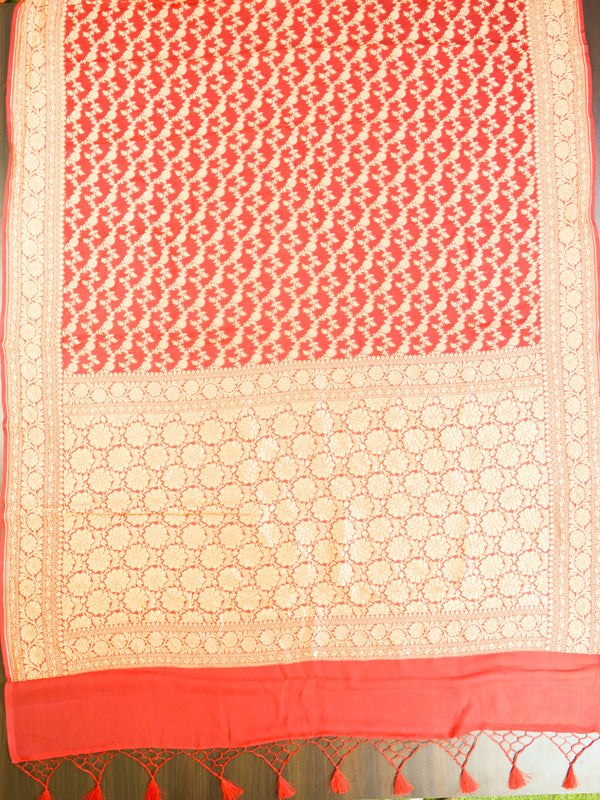 Banarasee Pure Khaddi Chiffon Silk Sari With Jaal Design & Contrast Border-Vermillion Red