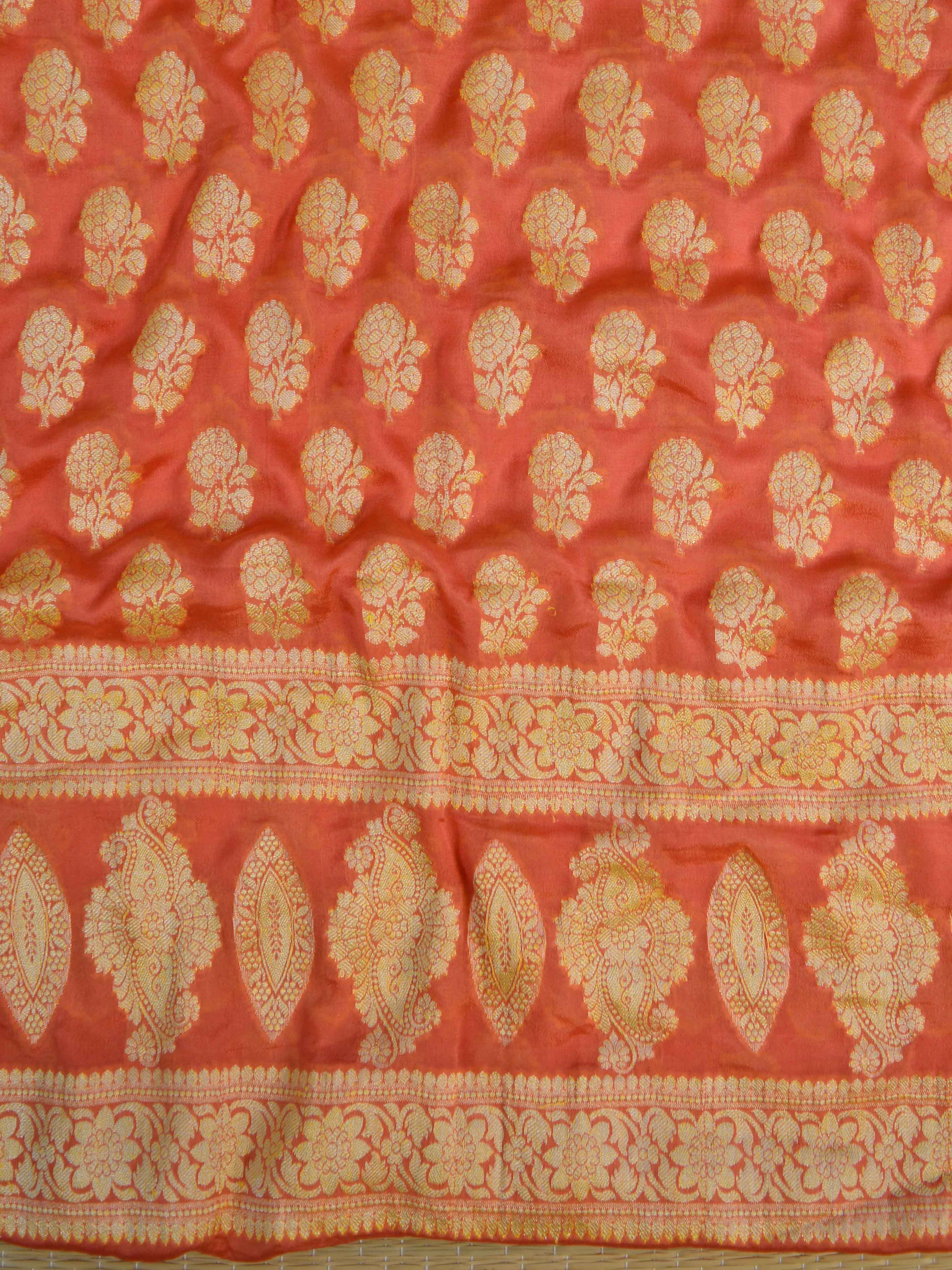 Banarasee Handloom Pure Chiffon Silk Salwar Kameez Set-Coral & Grey