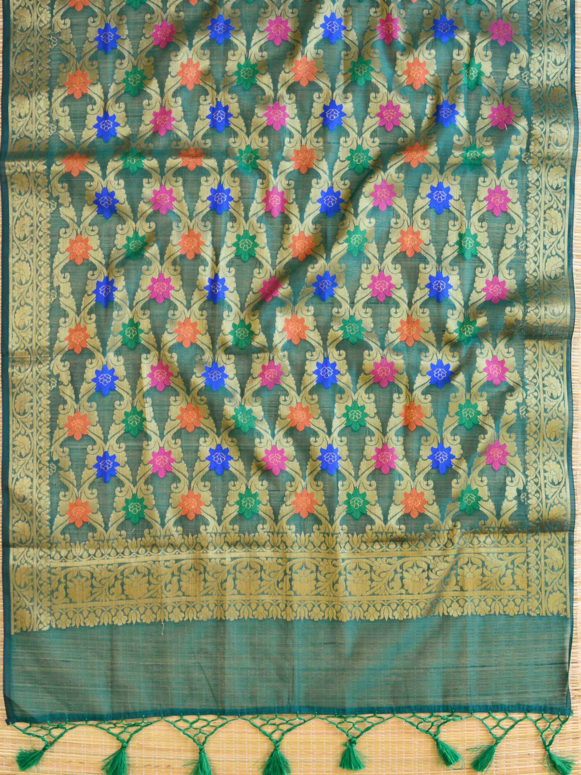 Banarasee Tissue Salwar Kameez Fabric With Contrast Silk Dupatta-Gold & Green