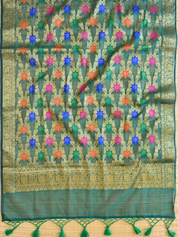 Banarasee Tissue Salwar Kameez Fabric With Contrast Silk Dupatta-Gold & Green