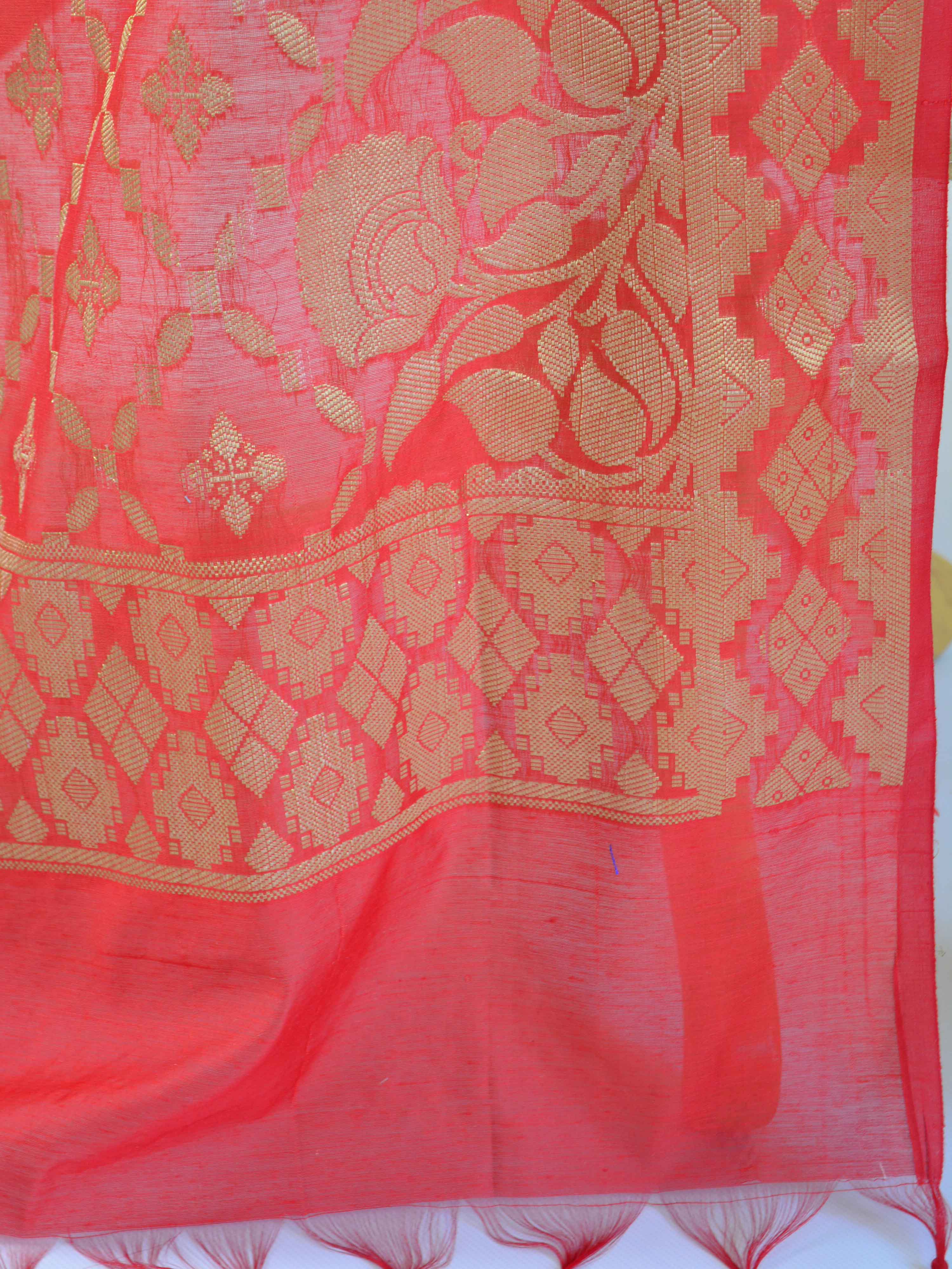 Banarasee Chanderi Cotton Dupatta With Floral Border Design-Red